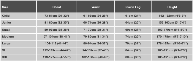 Size guide for the yak chinook pants